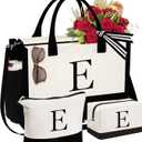 YOOLIFE Mothers Day Gifts - Initial Canvas Tote Bag & Makeup Bag, Birthday Gifts for Women Mom Sister Friends