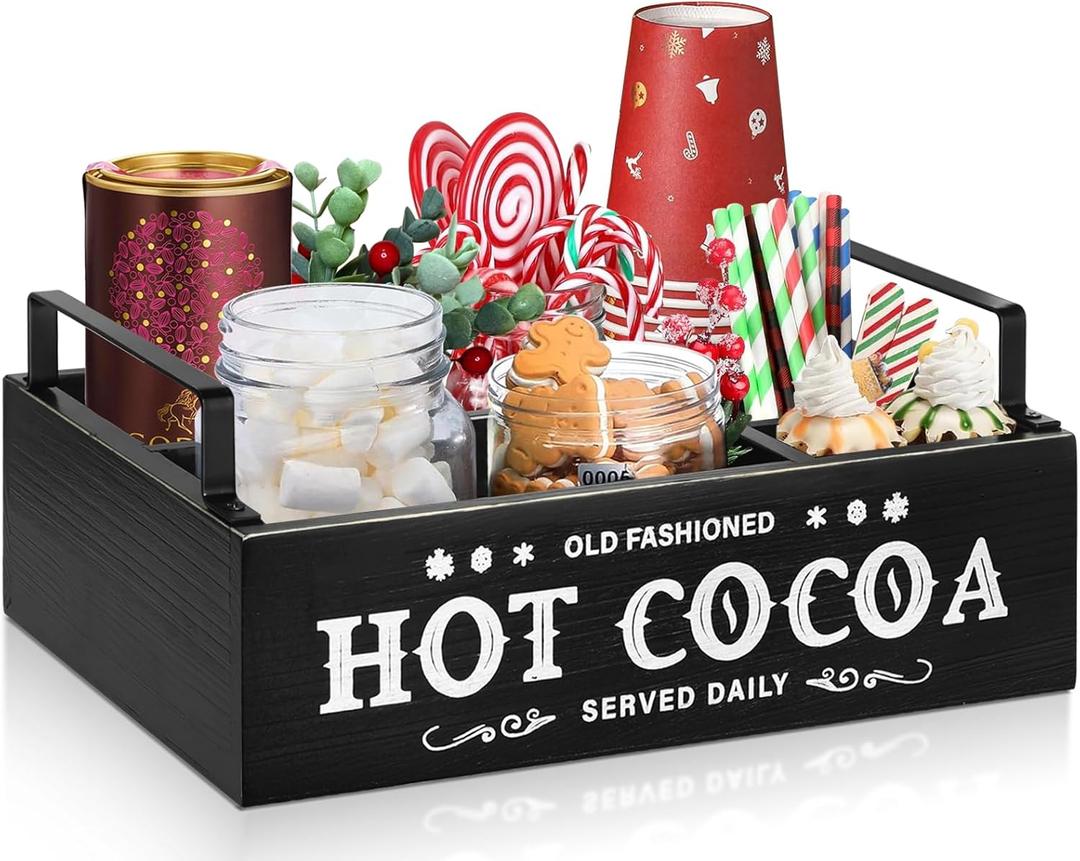 Hot Chocolate Bar Organizer with Handle, Farmhouse Hot Bar Supplies for Chocolate Maker, Countertop Wood Coffee Station Organizer Decorative Storage Bins, Cocoa Lovers Gift (Black)