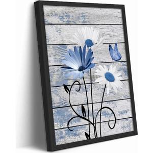 Black Framed Daisy Floral Wall Art Rustic Farmhouse Blue Flower Painting Wall Decor Nature botanical Butterfly Flowers Pictures Poster Print Artwork for Bathroom Living Room Bedroom Home Decoration, 24"L x 16"W