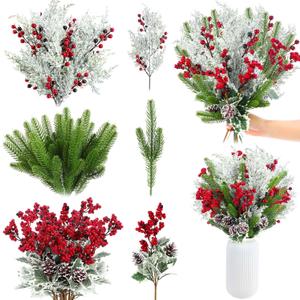 Thiccywoov 62 Pcs Artificial Christmas Flowers with Holly Berries Pine Cones Fake Pine Branches and Snowy Artificial Cedar Picks with Red Berries for Xmas Holiday Floral Arrangement Home Vase Decor