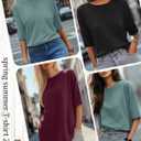 Riyiper 3 Pack Elbow Length Tee Shirts for Women 3/4 Sleeve Tunic Tops Round Neck Fall Curved Hem Leggings Blouse (S)