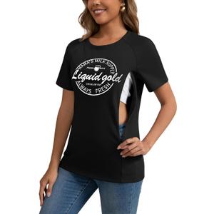 GINKANA Women's Nursing Shirts for Breastfeeding with Hidden Zippers Loose Fit Nursing Tops Comfortable Tshirt Mama Clothes (Black, L)