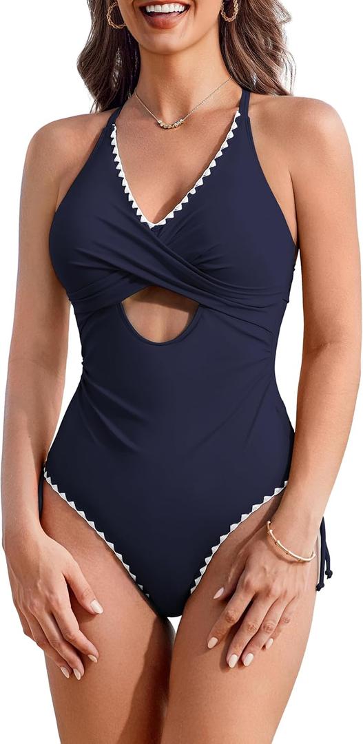 AI'MAGE Women One Piece Swimsuit 2025 Tummy Control Cutout Bathing Suit Wrap Tie Back Swimwear Shell Stitched (Large, Ink Blue)