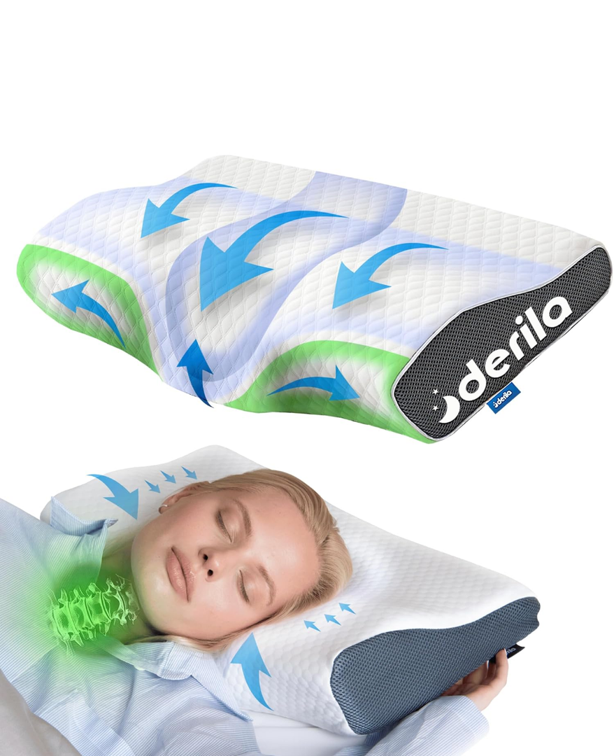 Derila King Size Neck Pillow for Sleeping, Ergonomic & Cervical Pillow for Neck Support & Relief, Memory Foam Side Sleeper Pillows, Bed Contour Pillows for Back, Stomach Sleepers