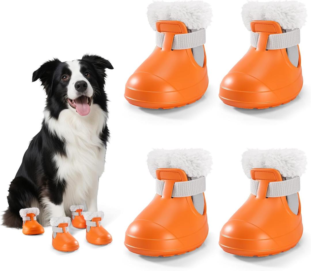 Dog Shoes for Small Medium Large Dogs,Winter Dog Snow Boots & Paw Protectors Waterproof for Cold Weather & Hard Floors,Adjustable Anti-Slip Dog Booties with Removable Wool Liner (Orange, 6)