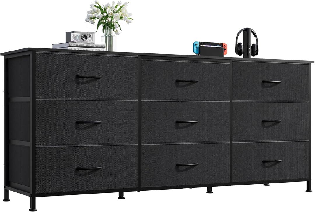 WLIVE 54''W Dresser for Bedroom, Black Dresser TV Stand for 55, 60, 65 inch TV, Wide Chest of Drawers with 9 Drawer, Large Entertainment Center, Fabric Dressers with Wood Top for Closet, Living Room