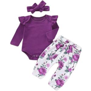 Newborn Baby Girl Clothes, Infant Girl Outfits Long Sleeve Ruffle Romper + Floral Pants + Headband Set (6-9 Months, Purple & White)
