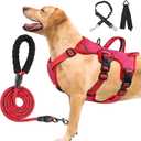 Escape Proof Large Dog Harness - Soft Padded, No Pull, Reflective with Handle, Six Point Adjustable, Includes Leash - Pink, M