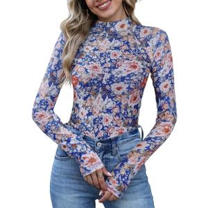 UNCOOYEE Women Floral Mesh Long Sleeve Going Out Thong Bodysuits Tops