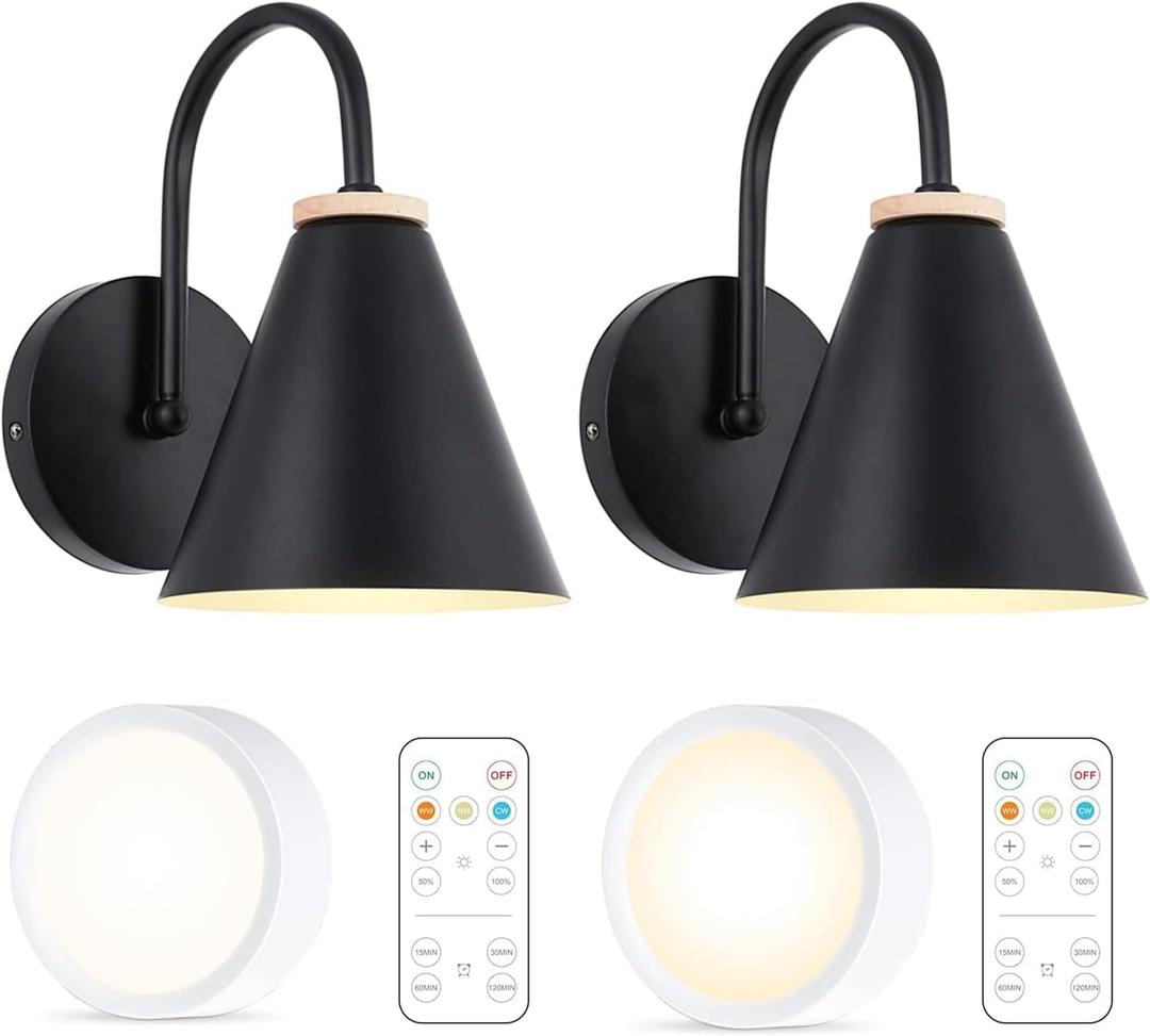 Battery Operated Black Faux-Wood Industrial Wall Sconce Set of Two, Easy to Install Not Wires, Remote Control Dimmable LED Light Bulb, Dimmable Wall Lamp Fixtures for Indoor Bedroom Farmhouse Gallery