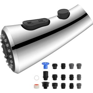 Hibbent Curved Pull Down Kitchen Faucet Head Replacement, 3-Function Kitchen Sink Spray Nozzle with 14 Adapters, Anti-Splash, Compatible with Kohler Bent Faucets, Chrome