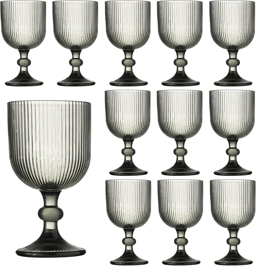12 Pcs Vintage Wine Glasses, 11 Ounces Colored Glass Water Goblets, Unique Embossed Pattern High Clear Stemmed Glassware Wedding Party Bar Glass Drinking Cups Fancy Glasses Vertical Line Grey Set, Set of 12