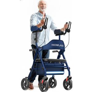 Upright Walkers for Seniors, Stand Up Rollator Walker with Adjustable Padded Armsupport & Seat, Folding Rolling Walker with 8'' Wheel Suitable for All Terrain, Blue