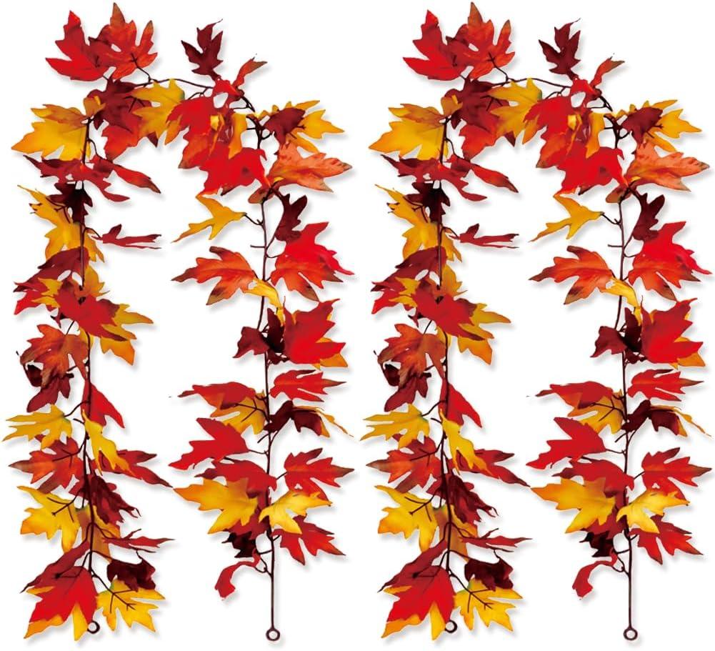 2 Pack Fall Maple Leaf Garland Decor Autumn Hanging Vine Garland Artificial Autumn Leaves Thanksgiving Decorations for Fall Indoor Outdoor Home Fireplace Stairs Party Supplies (Maple Leaf-Y)