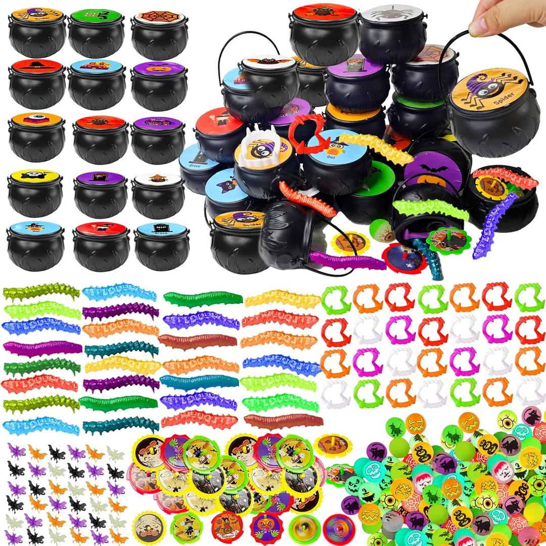 168 Pcs Halloween Toys for Kids, 28 Pack Prefilled Mini Witches Cauldrons with Toy Bouncy Balls, Vampire Teeth, Bat Rings, Spinning Tops, Sticky Worms Halloween Goodie Bags Party Favors