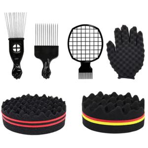 Hair Sponge Set, Magic Curl Glove, Afro Brush, Metal Pick Comb, and Twist Comb for Hairstyling (Black-6Pcs)