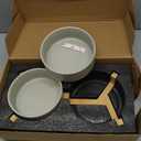 SPUNKYJUNKY Ceramic Dog and Cat Bowl with Wood Stand Non-Slip Matte Glaze Weighted Food Water Set for Cats &Small Dogs 13.5OZ (1.7 CUPS, Grey  2)