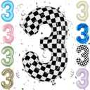 Checkered 40 Inch Number 3 Balloon,Large Self Inflating Black and White Foil Number Balloons 0-9 for Boys Girls,Digit Racing Balloons for 3rd Birthday Party Decorations Supplies