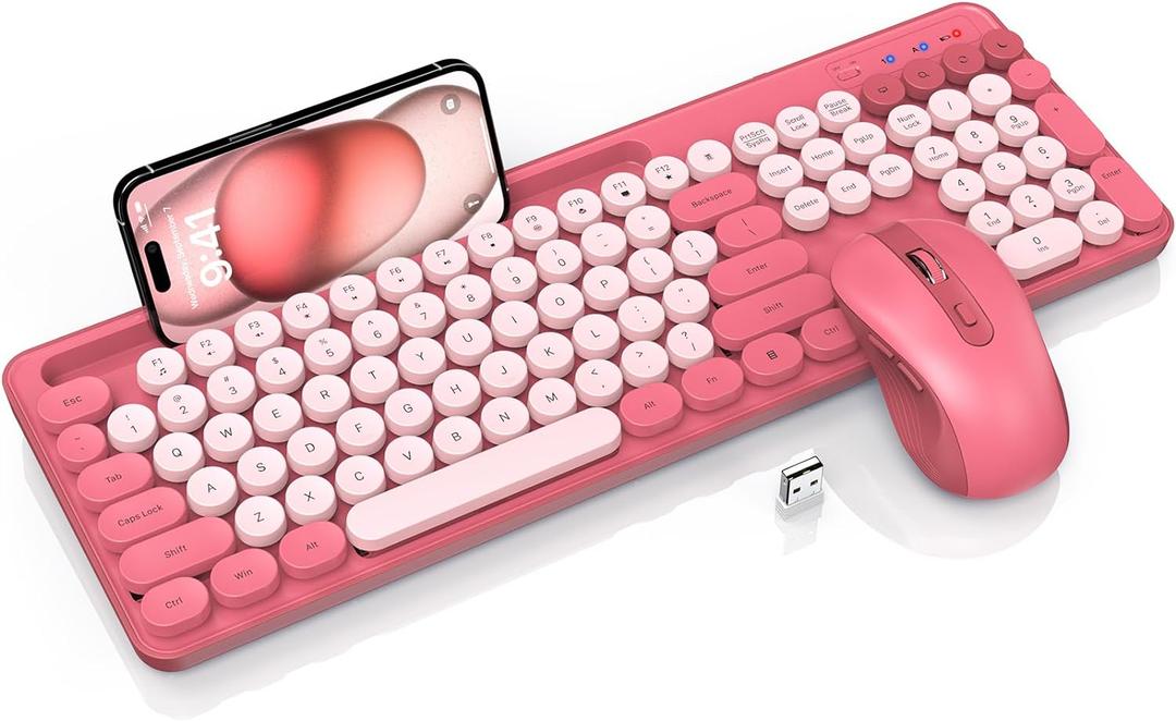 Wireless Keyboard and Mouse Combo, Retro Round Keycaps, Cute Full-Size Typewriter Keyboard with Phone Holder, Sleep Mode, Click Soft, 2.4GHz Cordless Connection for Windows/PC/Laptop (Pink-Colorful)