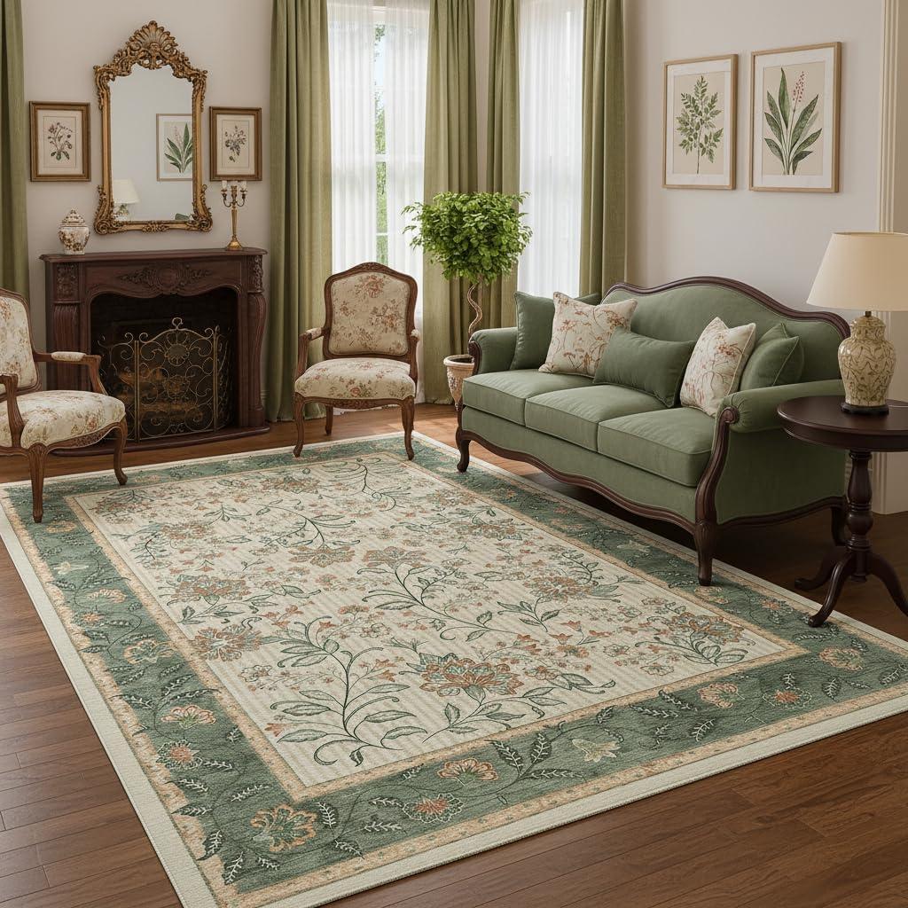 GarveeHome 5x7 Christmas Area Rug Sage Green Washable Rugs for Living Room Bedroom, Soft Low Pile Non Slip French Country Floor Mat Botanical Floral Print Throw Rug Indoor Carpet Dining Room Playroom