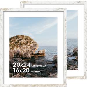iRahmen 20x24 Poster Frame with 16x20 Mat - Plexiglass Wooden Picture Frames for Photo Wall Gallery Mounting (Distressed-White, Set of 2)
