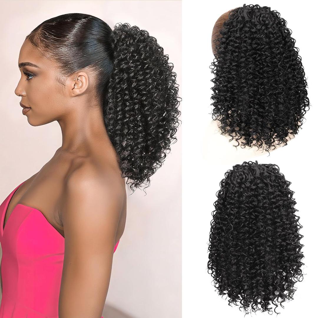 Ponytail For Black Women Drawstring Ponytail Curly Hair Short Ponytail Extension Pony tails Drawstring Hair Pieces Human Hair Feeling For Daily Use (#1B) (Medium)