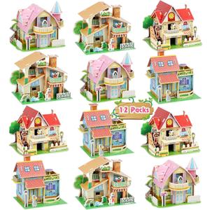 12 Packs Easter Basket Stuffers for Kids, Easter Gifts for Kids 3D Puzzles EPS Foam Board Model Building Kit, Party Favors Return Gifts (12 Pack Big Villas)