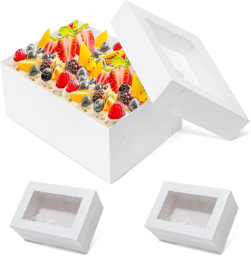 Wowxyz 12pcs 14x10x6.5 Cake Boxes Rectangle Quarter Sheet 1/4 Sheet Bakery Boxes with Window - Donuts, Pastry Baking Cake, Pie White Cardboard Treat Packaging