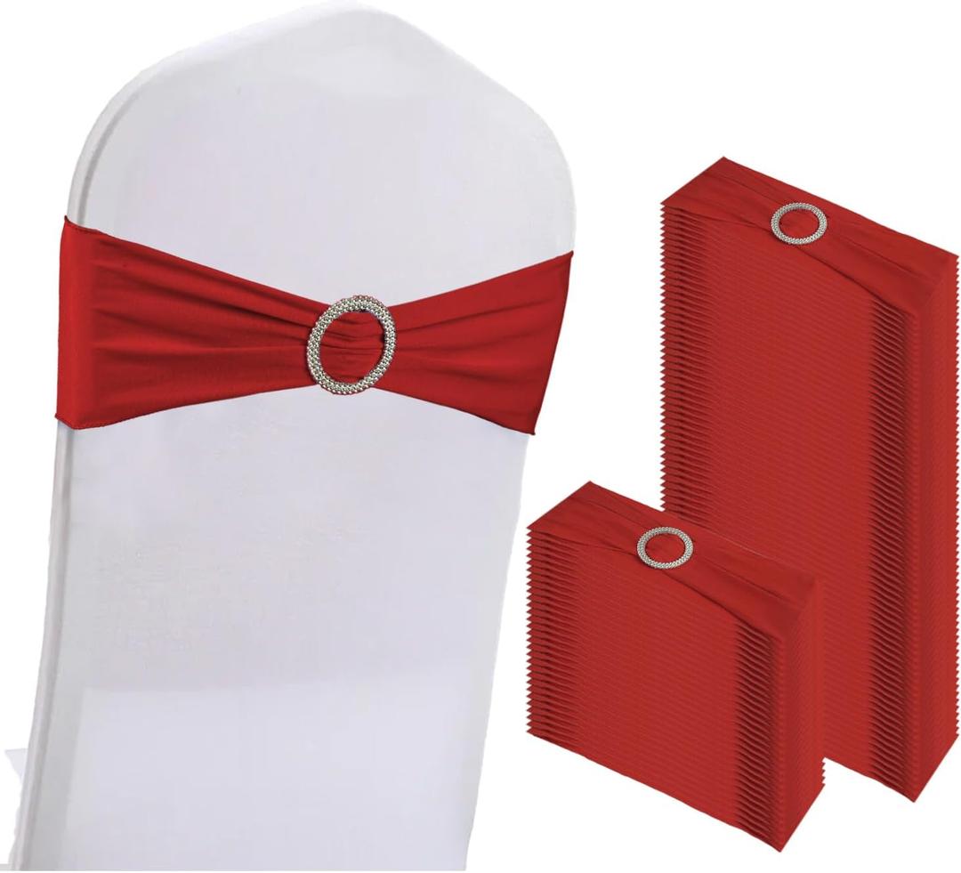 WJWHQ 100PCS Spandex Stretch Chair Sashes Bows Elastic Chair Cover Bands Ties with Buckle Slider for Wedding Party Reception Events Universal Ceremony Banquet Decorations(Red)