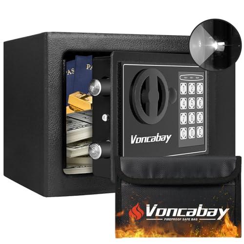 Voncabay Money Safe Box for Home with Sensor Light & Fireproof Money Bag - 0.23 Cubic Feet Security Safe Box with Digital Keypad, Keys & Pass Code Lock Black