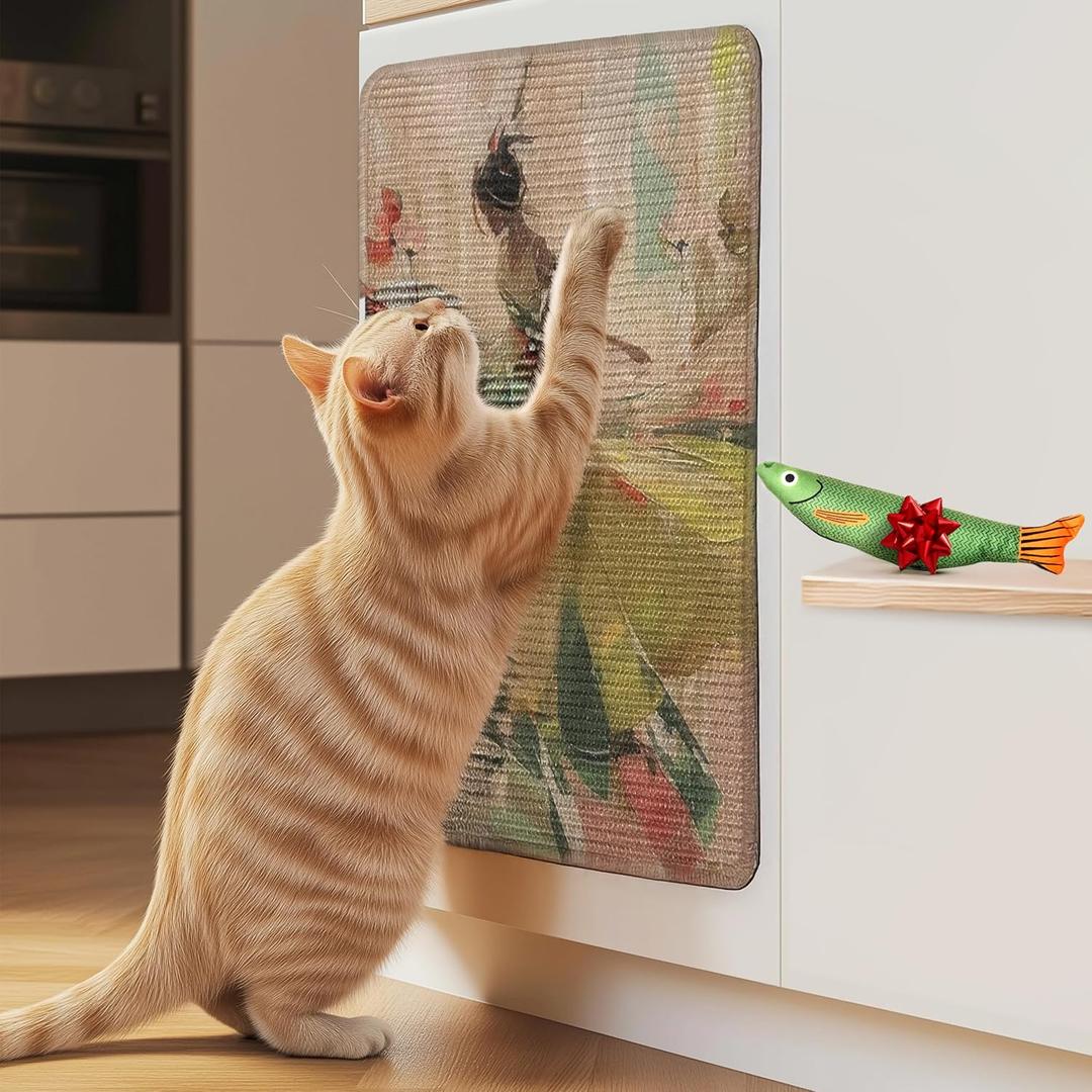 SCRATCHABLE Sisal Cat Scratcher, [+ Catnip Fish Toy], Cat Wall Scratcher, Couch Protector from Cat Scratching, Scratching Mat- 24 X 15.8 with 12 Adhesive Velcro Stripes (Elegant Green)