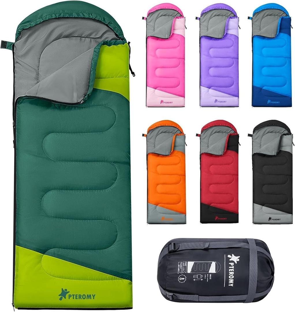 PTEROMY Sleeping Bags for Adults, Lightweight Water Resistant Backpacking Camping Sleeping Bag for Warm Cold Weather, Camping Essentials for Hiking Outdoor Travel (Green)