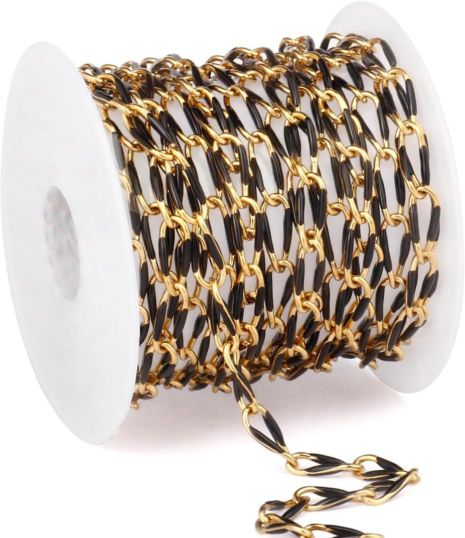 2 Yard Black Chains for Jewelry Making, 18K Gold Plated Stainless Steel Enamel Curb Chain Roll Bulk for DIY Jewelry Making