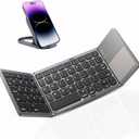 Foldable Bluetooth Keyboard with Touchpad - Portable Wireless Keyboard with Holder, Rechargeable Full Size Ultra Slim Pocket Folding Keyboards for Android Windows iOS Tablet & Laptop (Gray)