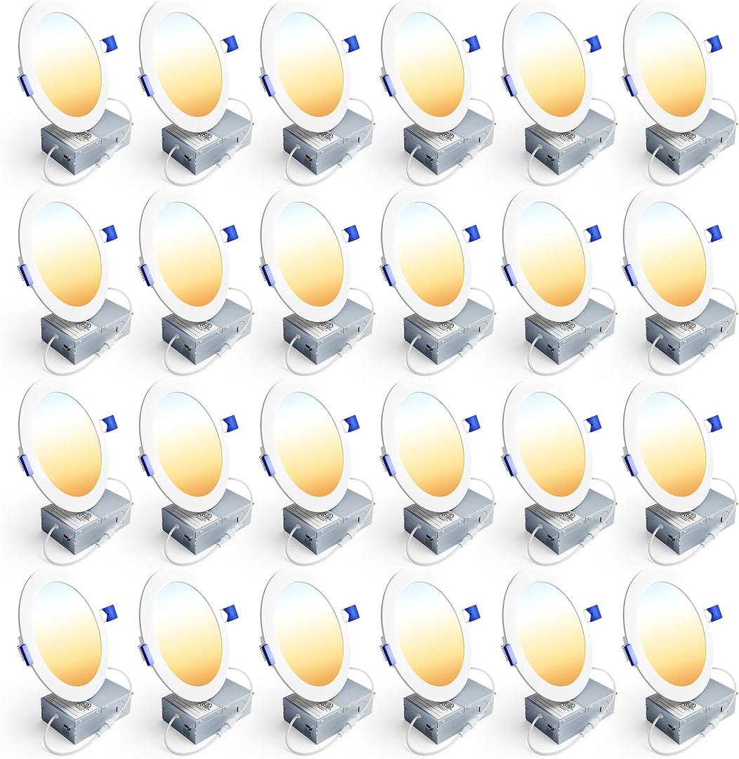 Ensenior 24 Pack 6 Inch LED Recessed Ceiling Light, Dimmable, 2700K-5000K 5CCT, 1200LM 12W 120V, High Brightness Canless Wafer Downlight - ETL&FCC&IC (5000k/4000k/3500k/3000k/2700k - 5cct White)