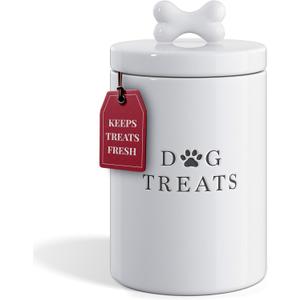 Barnyard Designs Large Dog Treat Container Airtight with Lid, Cute Rustic Ceramic Dog Treat Storage Jar for Kitchen Counter (White)