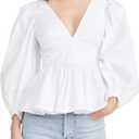 SUNNOW Women's Elegant Blouse Shirt with Plunging Double V-Neckline & Back Ties Puff Long Sleeves with Button Cuffs (White, L)