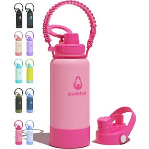 32 oz Insulated Water Bottle with 2 Lids (2-in-1 Straw & Spout Lid, Magnetic Lid), Slim Water Bottle with Strap, Stainless Steel Water Bottle for Hiking, Gym, Travel, BPA-Free, Pink