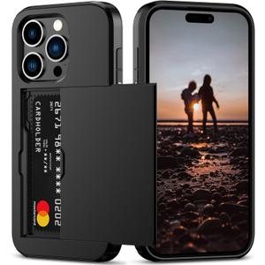 Nvollnoe Compatible with iPhone 15 Pro Case with Card Holder Heavy Duty Protective Dual Layer Shockproof Hidden Card Slot Slim Wallet Phone Cover for Women&Men 6.1 inch(Black)