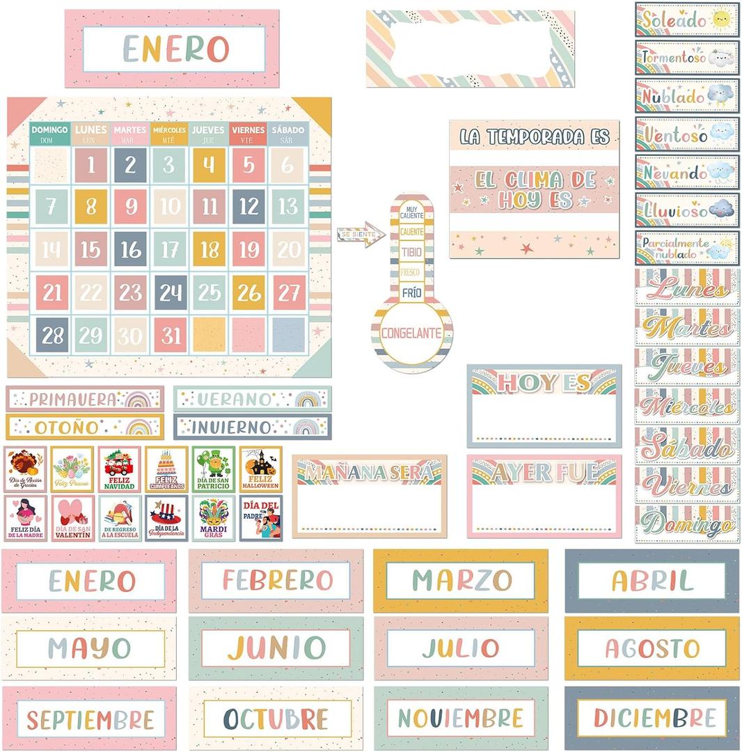 85 Pcs Spanish Classroom Calendar Back to School Bulletin Board Set Seasons Weather Days of the Week Chart Bulletin Board Calendar Set for Elementary Preschool Chalkboard Decor (Boho)