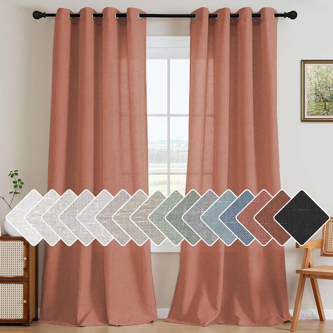 H.VERSAILTEX Linen Curtains Home Decorative Nickel Grommet Curtains Privacy Added Energy Saving Light Filtering Window Treatments Semi Sheer Draperies for Bedroom, Terracotta, 2 Panels, 52 x 84 - Inch
