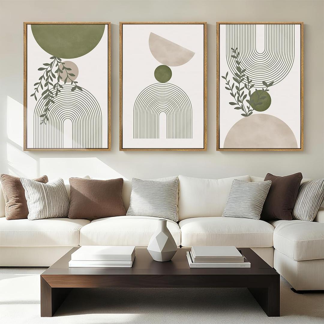 ANHUIB Boho Abstract Wall Art Canvas,Sage Green Wall Decor Framed,Geometric Line Art Prints Leaves,Minimalist Artwork Botanical,3 Piece 24x36In Beige Nature Painting for Living Room Bedroom