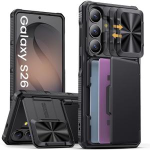 SSLOTSCASE for Samsung Galaxy S26 Case, Card Holder [RFID Protection] & Stand & Sliding Camera Lens Cover, Heavy Duty Rugged Hard Wallet Protective Phone Case Cover for Galaxy S26 6.3" 2026, Black