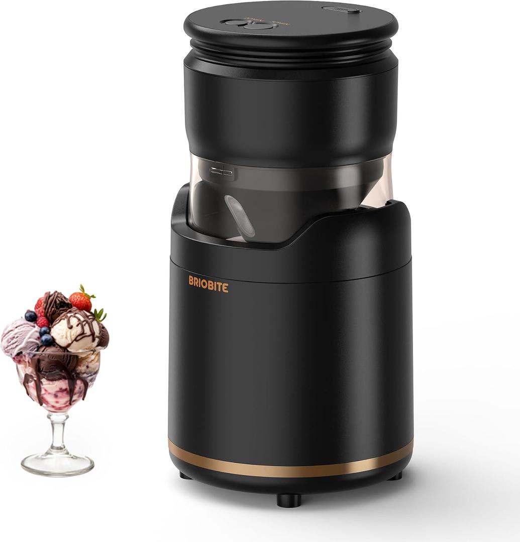 BRIOBITE Ice Cream Maker,Rechargeable Soft Ice Cream Machine with Low Noise,Compact for 1-2 Servings,Perfect for Sorbet,Gelato,Frozen Yogurt,Black