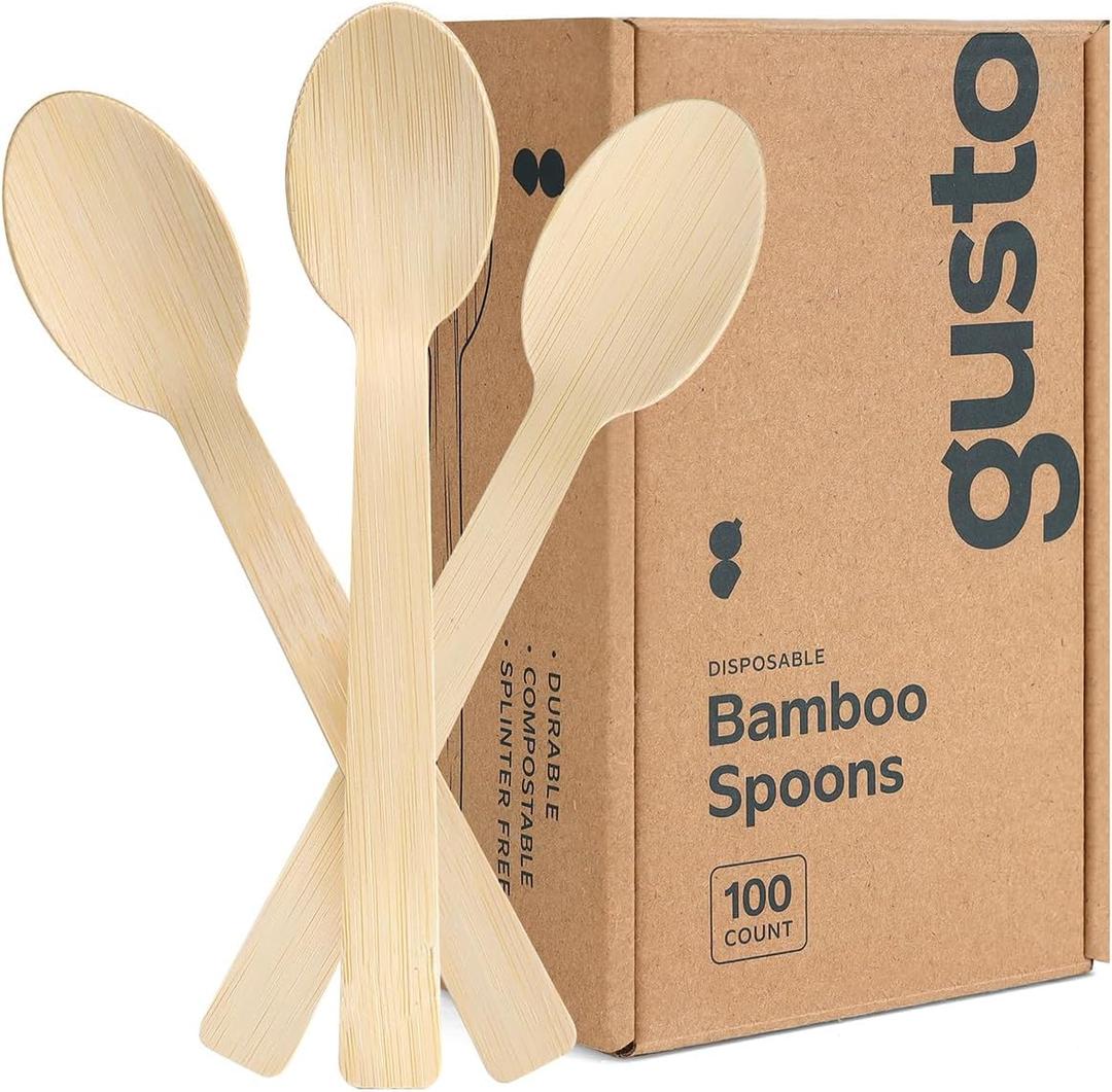 GUSTO [100 Count] Natural Bamboo Disposable Spoons - Biodegradable and Eco-Friendly Utensils for Outdoors, Parties, and Events