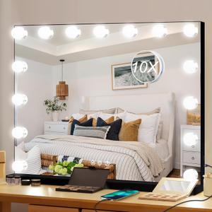 Moonee Black Vanity Mirror with Lights, Hollywood Lighted Makeup Mirror with 15 Dimmable Bulbs and 10X Magnification, 3 Colors Modes, Aluminum Metal Frame, Light Up Mirror for Tabletop/Wall23" x 18"
