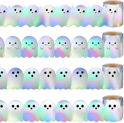 Gersoniel 4 Rolls 98.5 ft Halloween Ghost Bulletin Board Border Decoration Holographic Ghost Die Cut Trim Border Roll for Halloween School Classroom Chalkboard Office Decoration, 4 Designs
