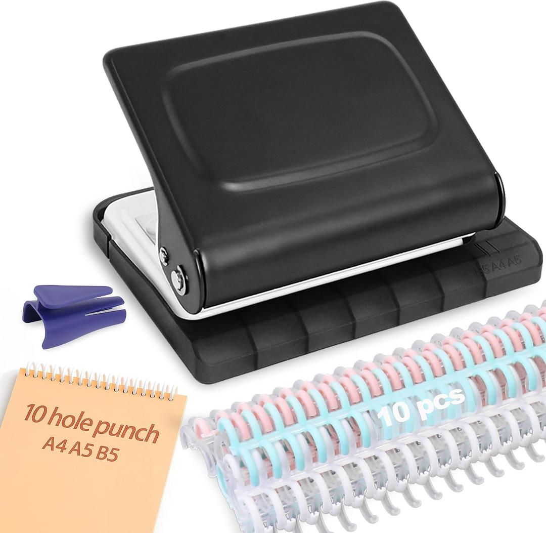 10 Hole Punch Binding Machine for Planners with 10 Multi-Color Binder Rings,30 Holes on A4,20 Holes on A5,26 Holes on B5,10 Sheet Capacity (Black)