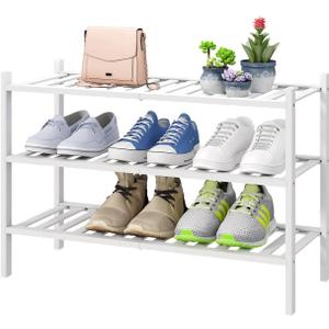 viewcare White Shoe Rack, 3-Tier Bamboo Wood Shoe Rack for Closet, Entryway & Hallway, and Stackable Shoe Shelf Storage Organizer for Indoor and Outdoor