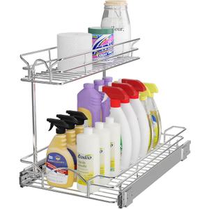 OCG Under Sink Cabinet Organizer Two Tier Pull Out Shelf (11.75W x 17D), Under Sink Sliding Shelf for Kitchen Bathroom Cabinet 2 Tier Chrome